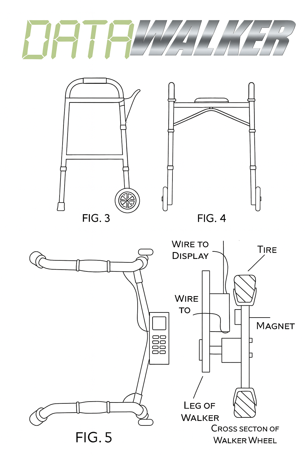 Data Walker assembly diagram showing walker views and wheel sensor cross-section