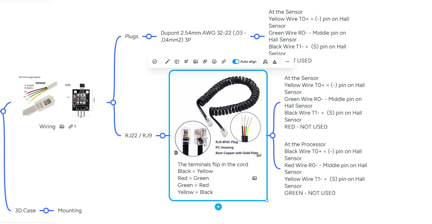 RJ22 wiring diagram showing Hall sensor connections and wire color mappings